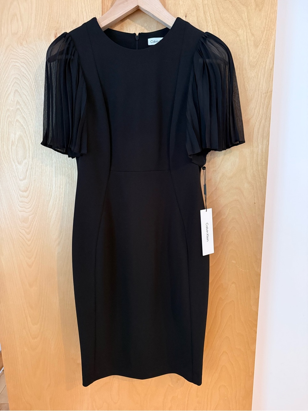 Calvin Klein Black Sheath Dress with Pleated Short Sleeves